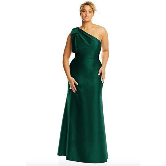 ALFRED SUNG Maxi Dress Size 8 NEW Gown One Shoulder Emerald Green Shoulder Bow - Picture 1 of 8